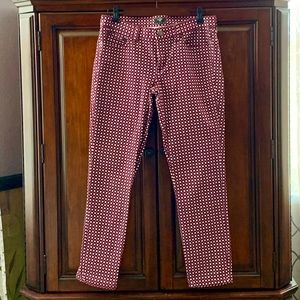 J. Crew Stretch Jeans in burgundy and white print